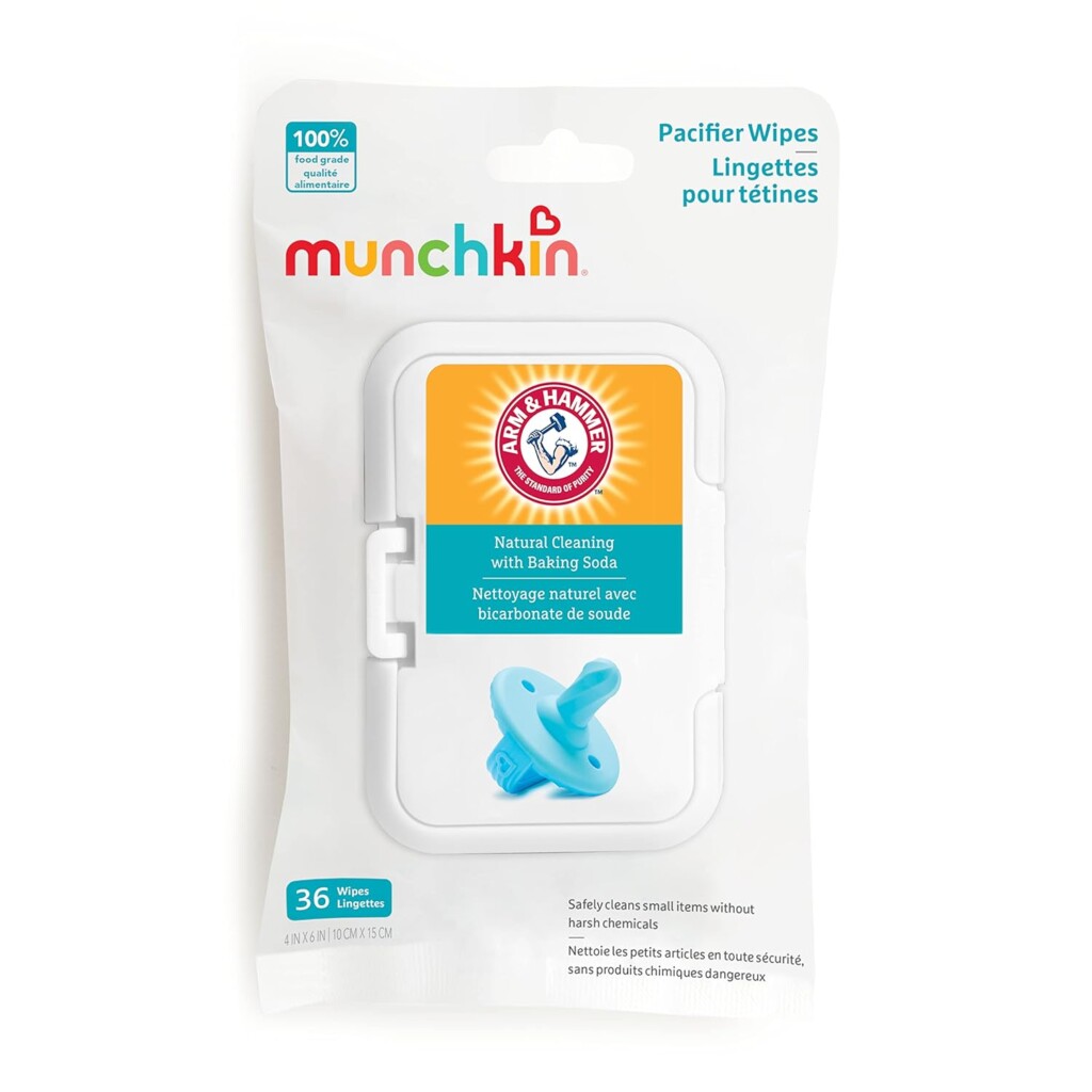 Munchkin Arm & Hammer Pacifier Wipes - Safely Cleans Breast Pump Parts and Feeding Essentials for Baby and Toddler, 1 Pack, 36 Wipes