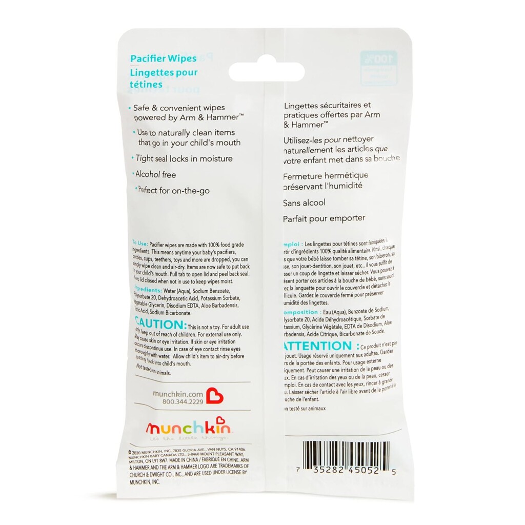 Munchkin Arm & Hammer Pacifier Wipes - Safely Cleans Breast Pump Parts and Feeding Essentials for Baby and Toddler, 1 Pack, 36 Wipes - Image 4