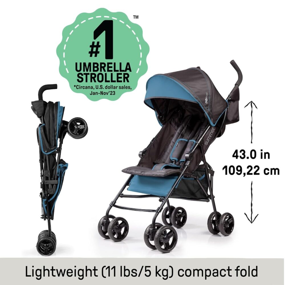 Summer by Ingenuity 3D Mini Convenience Stroller – Lightweight Stroller with Compact Fold, Multi-Position Recline, Canopy with Pop Out Sun Visor – Umbrella Stroller for Travel & More, Blue/Black - Image 7