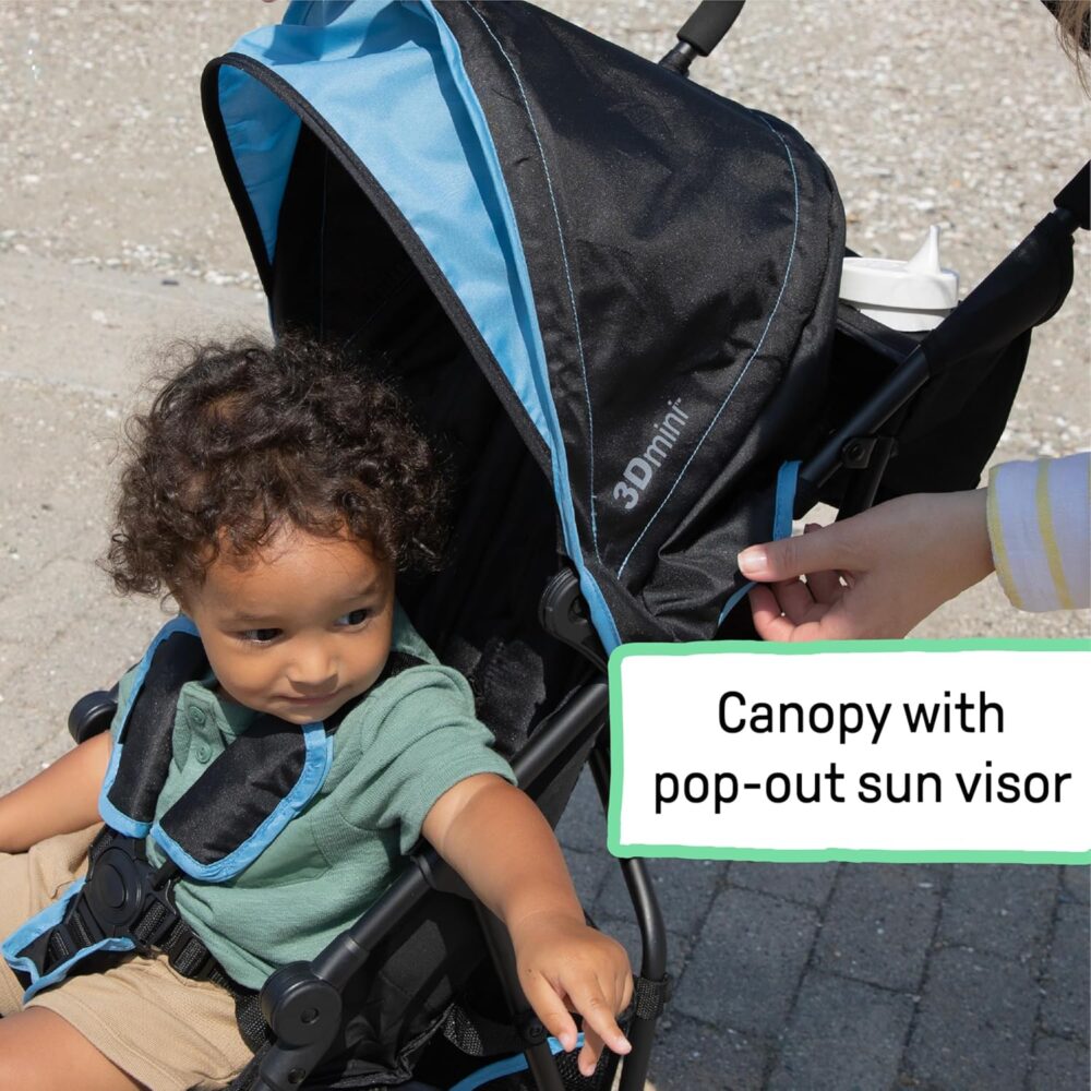 Summer by Ingenuity 3D Mini Convenience Stroller – Lightweight Stroller with Compact Fold, Multi-Position Recline, Canopy with Pop Out Sun Visor – Umbrella Stroller for Travel & More, Blue/Black - Image 9